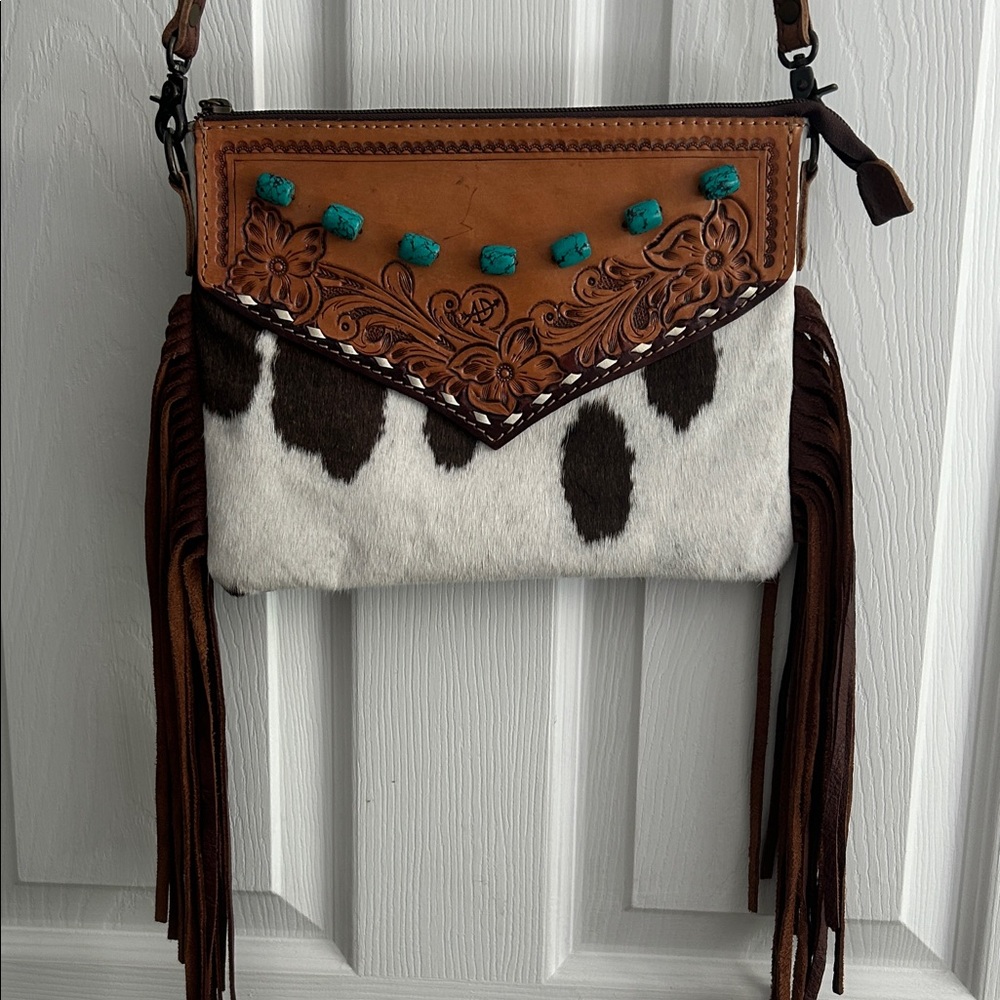 Turquoise Studded Tooled Leather & Cowhide Fringe Crossbody Bag - Brown/White